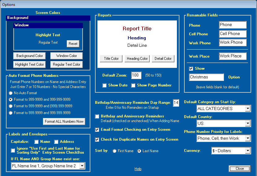 EZ Address Book Options Screen