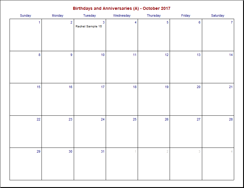 Printable Birthday and Anniversary Calendar